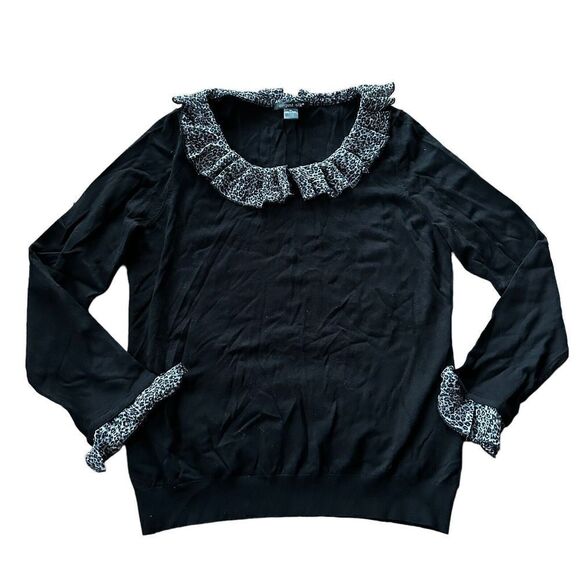 Womens August Silk Blend Snow Leopard Ruffle Collar Sweater Sz XL Black - Picture 1 of 5